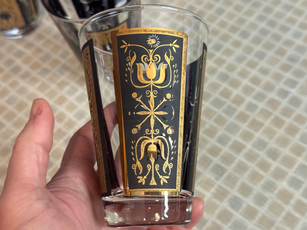 Dominion Glass Black & Gold Tulip Print Design Drinking Glasses (Set of 4)