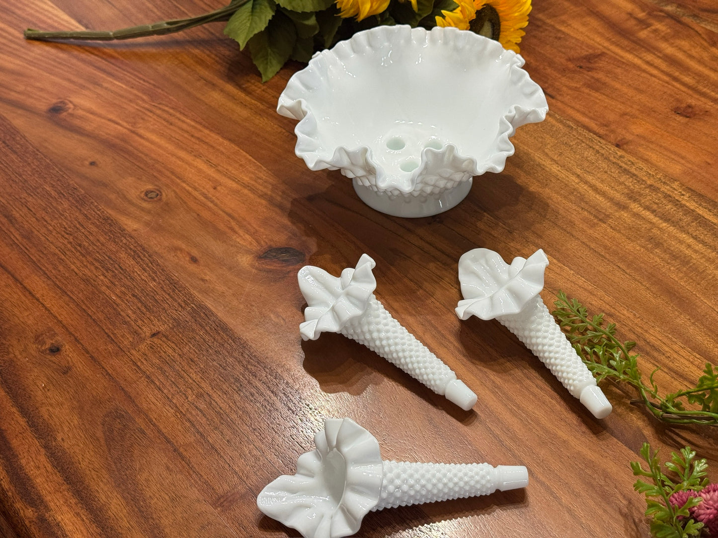 Fenton Hobnail Milk Glass Epergne Ruffled Bowl with Three Horns