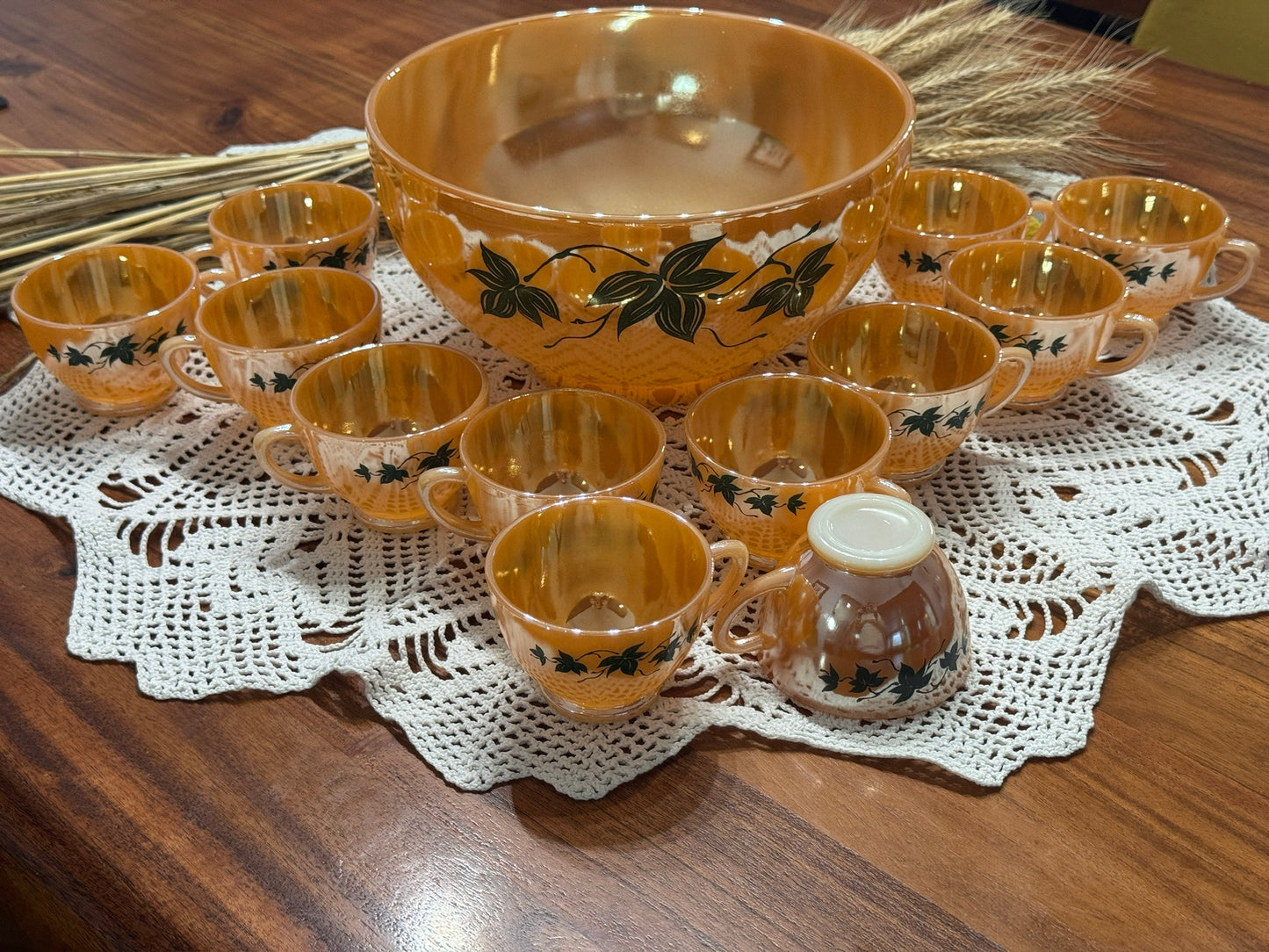 Anchor Hocking Fire-King Peach Luster 'Green Ivy' Punch Bowl Set