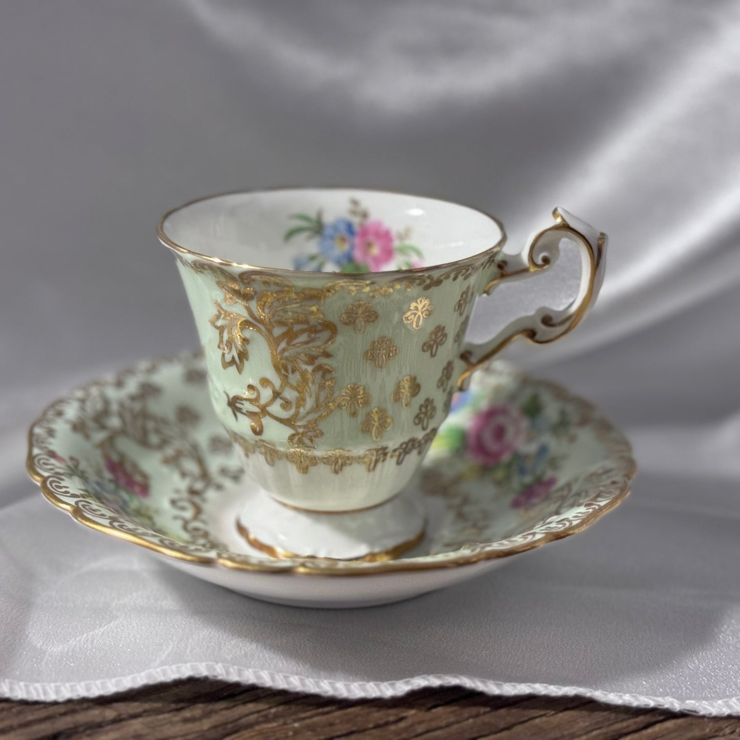 EB Foley Green/Floral & Gold Gild Cup and Saucer
