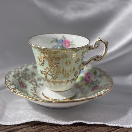 EB Foley Green/Floral & Gold Gild Cup and Saucer