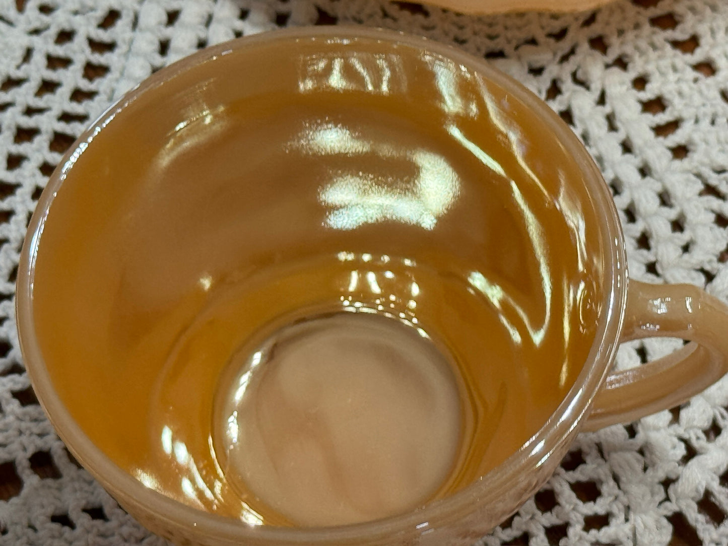 Anchor Hocking Fire King Peach Luster Swirl Demitasse Cup & Saucer