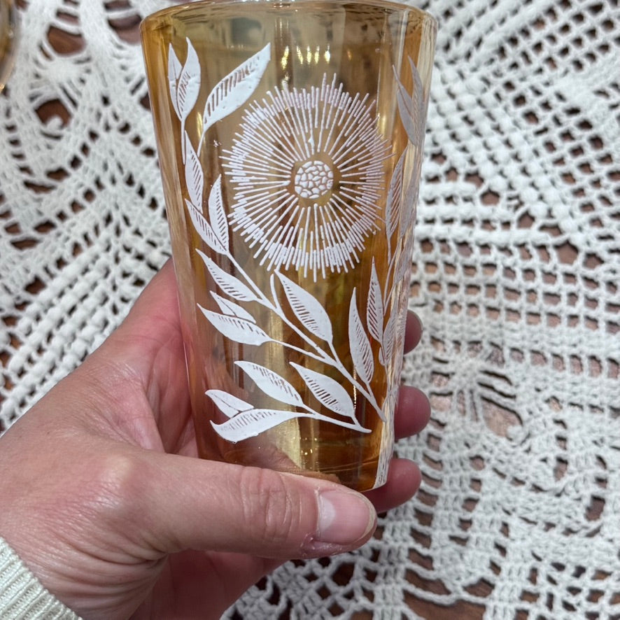 Jeannette Marigold Carnival Glass Pitcher & Glasses