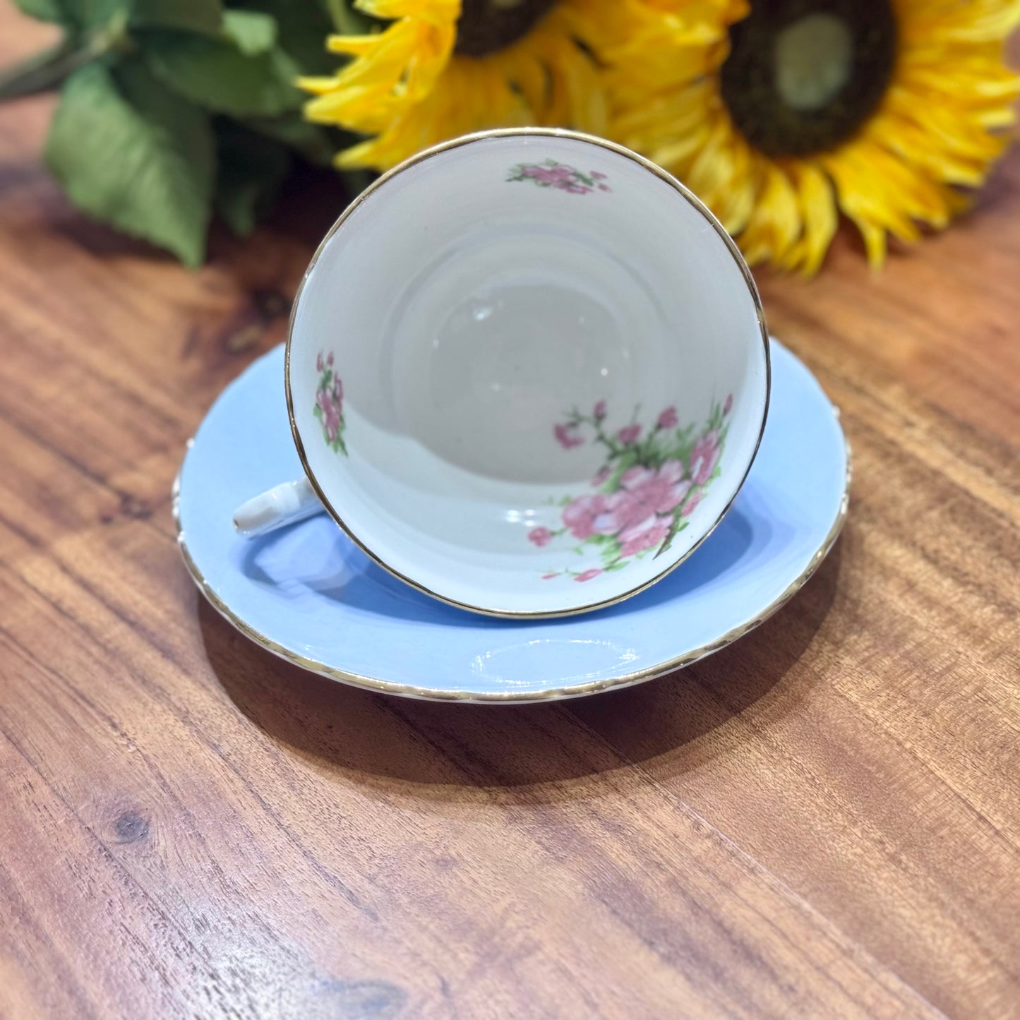 Royal Floral Baby Blue with Pink Cherry Blossom Teacup & Saucer