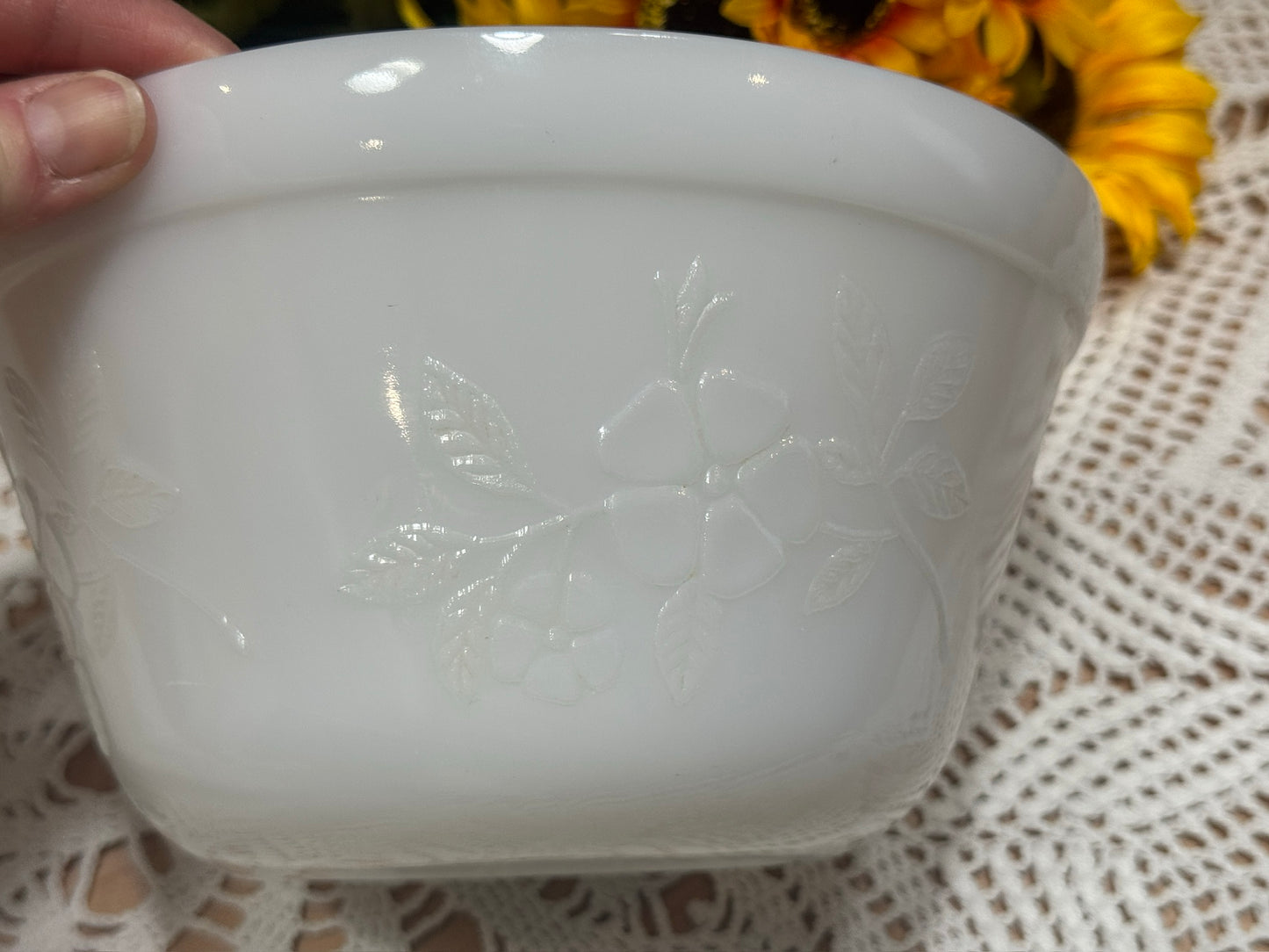 Glasbake Milk Glass Floral Design Mixing Bowl