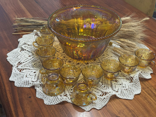 Marigold Indiana Carnival Glass Punch Bowl Set
