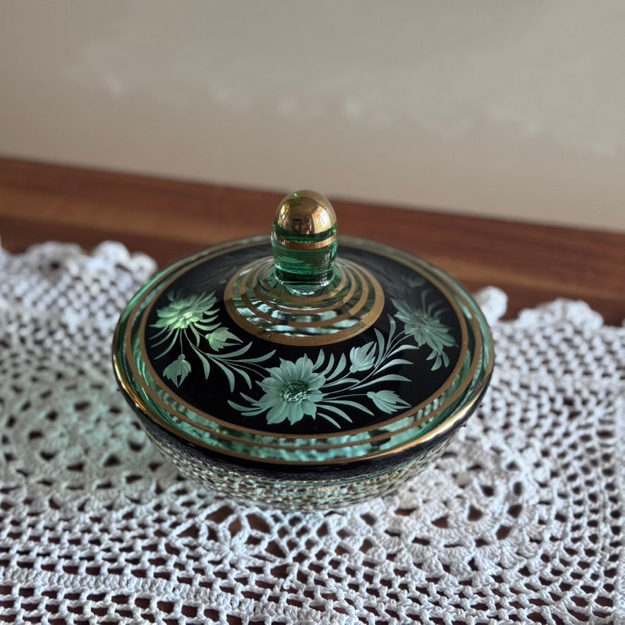 Czech Bohemian Lidded Glass Cut Footed Bowl