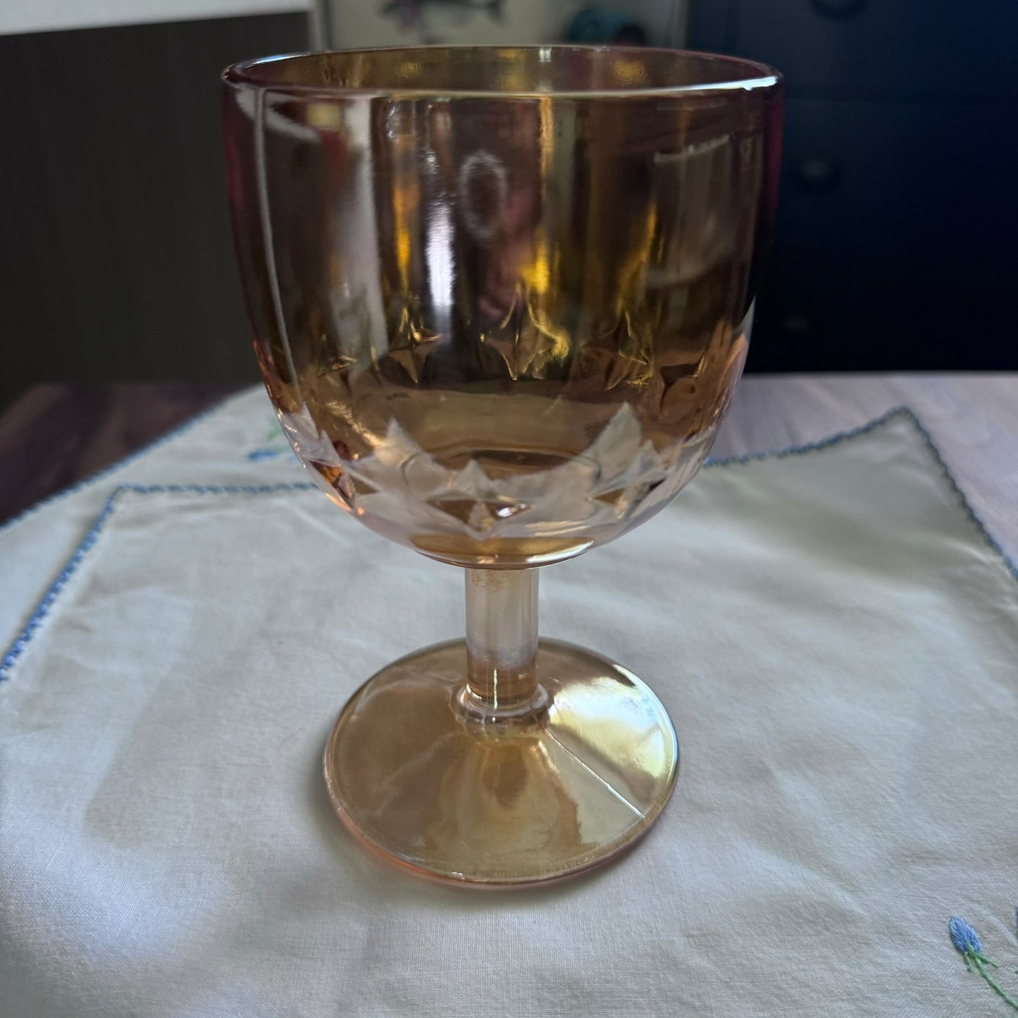 Iridescent Marigold Amber Glass Footed Goblet