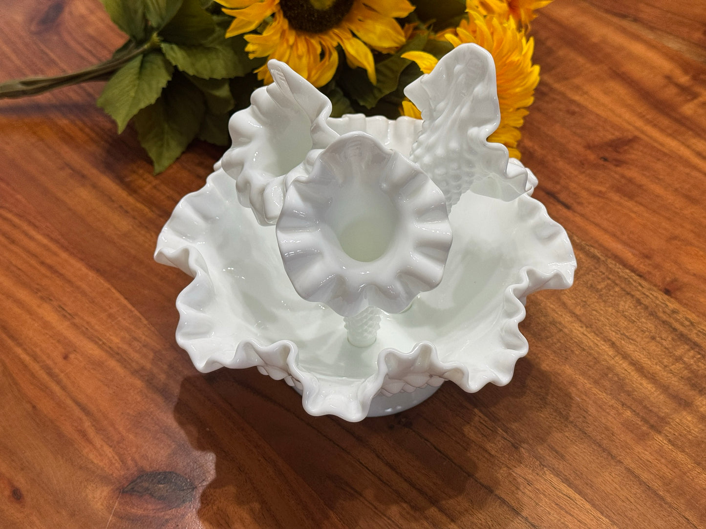 Fenton Hobnail Milk Glass Epergne Ruffled Bowl with Three Horns