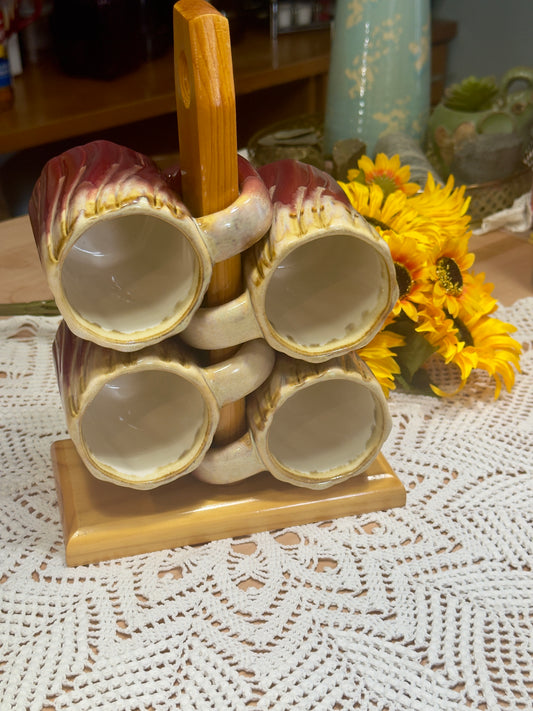 Rodolfo Padilla Stoneware Mugs With Wood Rack