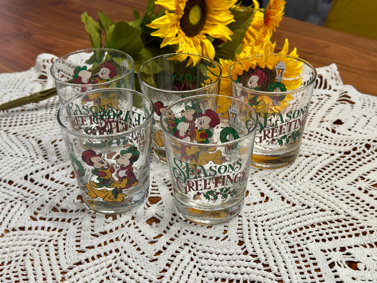 Anchor Hocking Disney Mickey And Friends "Seasons Greetings" Christmas Glasses