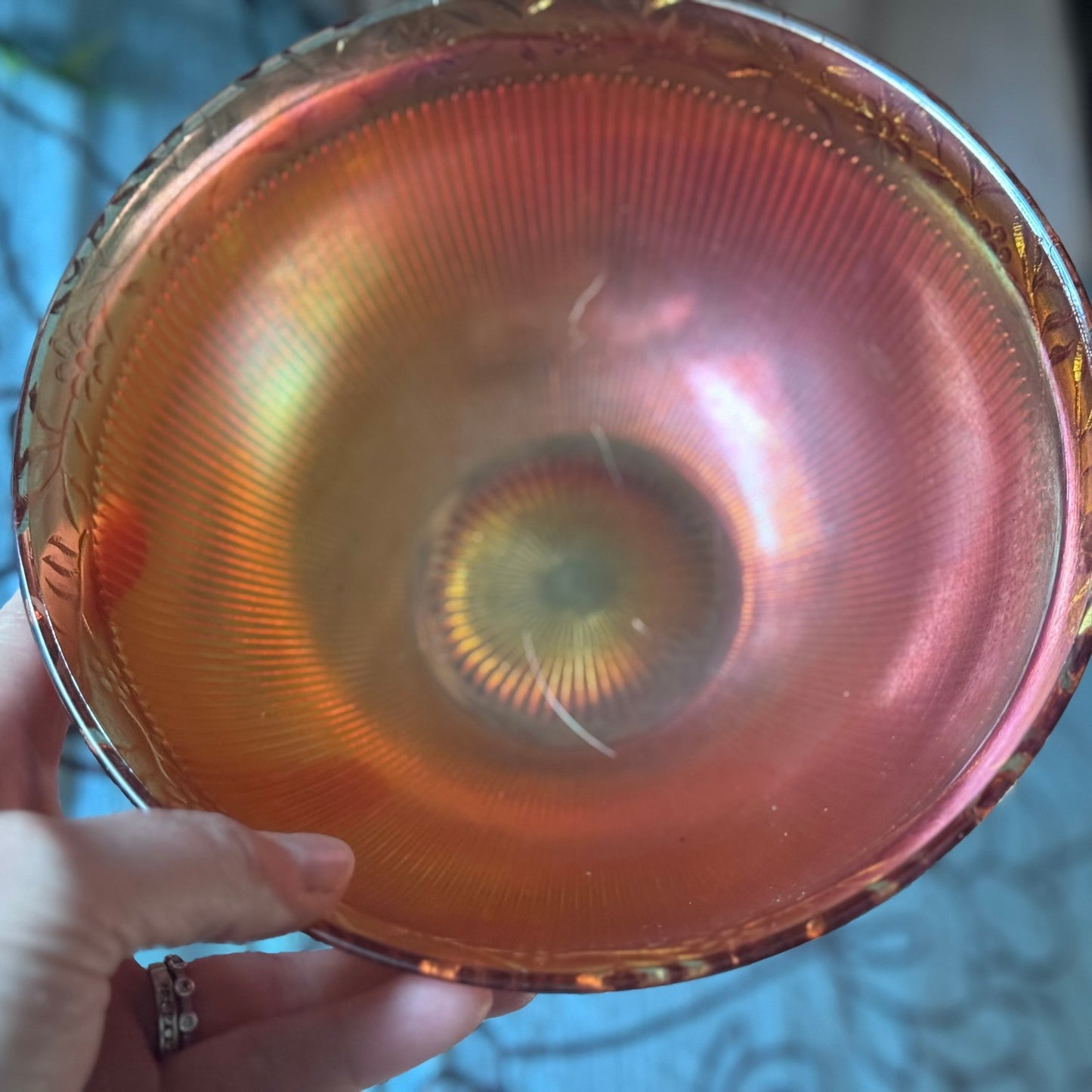 Carnival Glass Marigold/Orange Floral and Ribbed Bowl