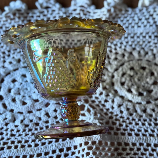 Indiana Glass Marigold Iridescent Harvest Grape Lace Edge Candy Dish/Compote