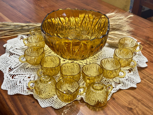 Hazel Atlas Amber Glass Williamsport Punch Bowl Set
