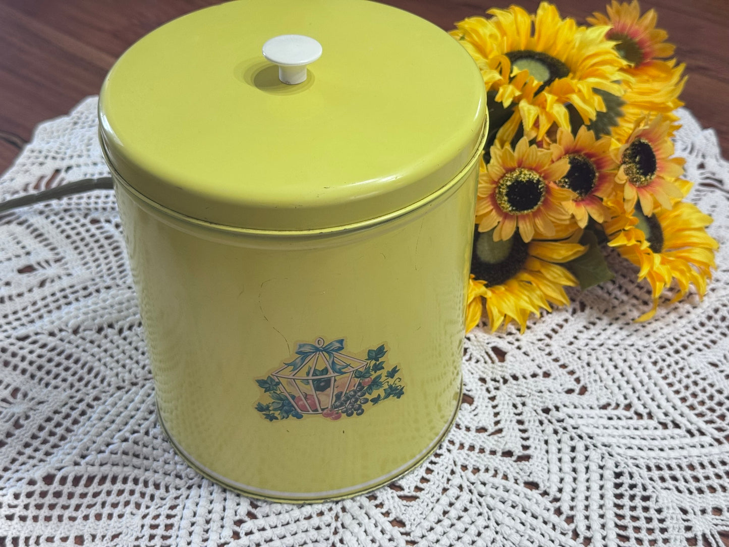 Vintage Yellow Tin Canister With Fruit/Vine Motif