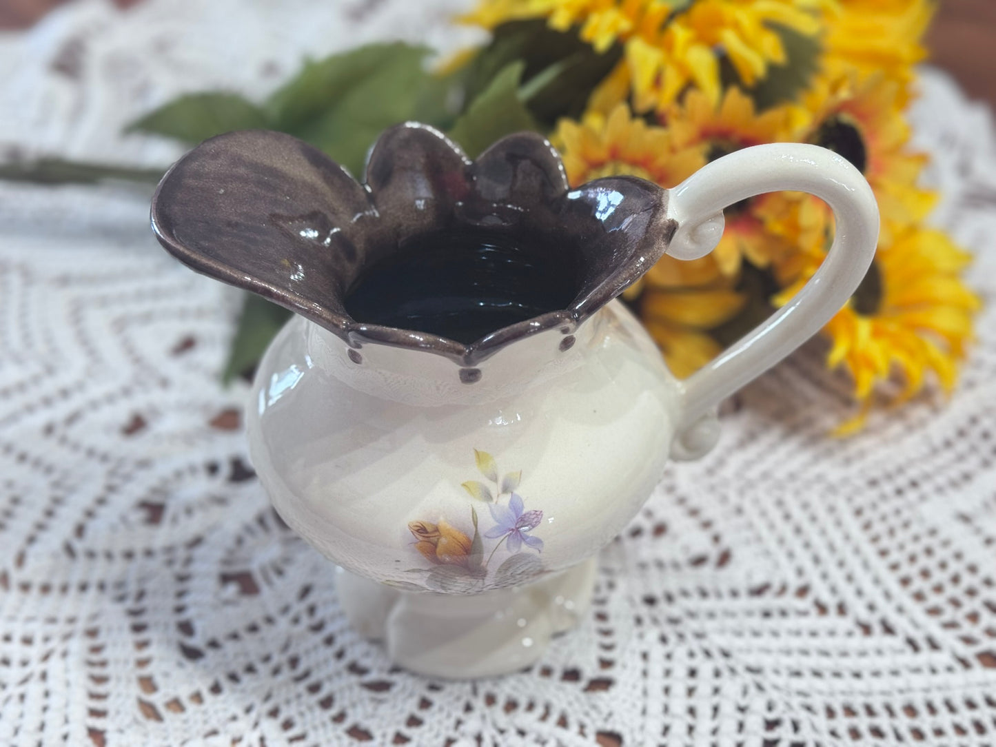 Small Ivory/Brown Ceramic Hand Painted Vase/Pitcher