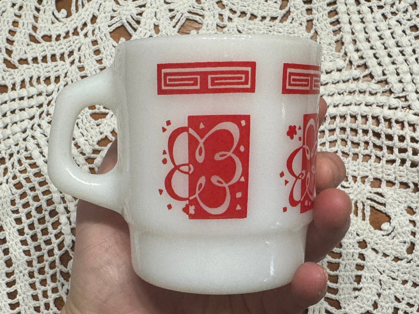 Anchor Hocking Fire-King Stackable Atomic Cloud/Flower Milk Glass Mugs