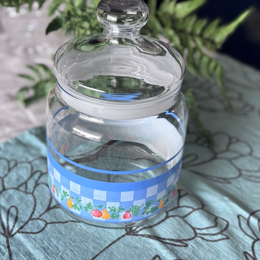 Blue Checkered & Fruit Glass Canister by Palluy
