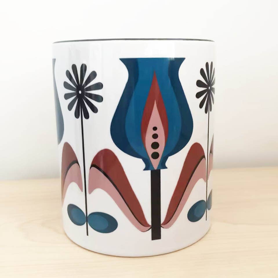 Bulb Tulip Blue Flower Mid Century Modern Coffee Mug