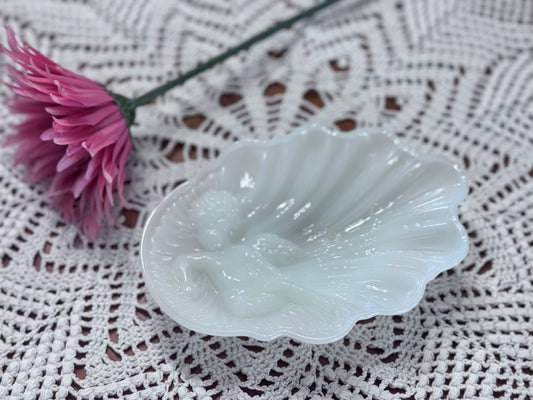 Avon Milk Glass Cherub Clam Shell Dish