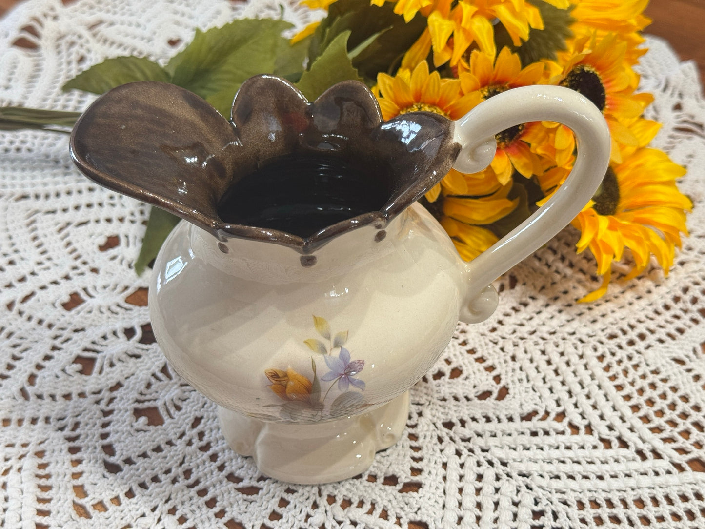 Small Ivory/Brown Ceramic Hand Painted Vase/Pitcher