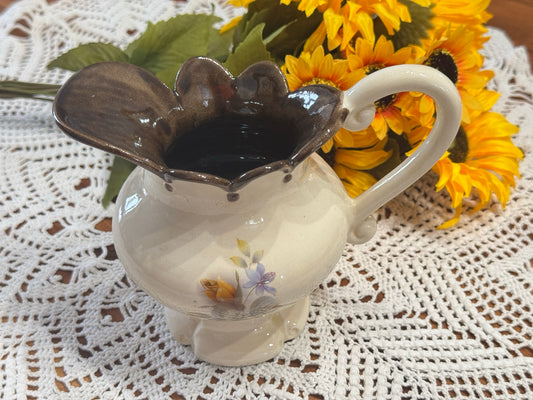 Small Ivory/Brown Ceramic Hand Painted Vase/Pitcher