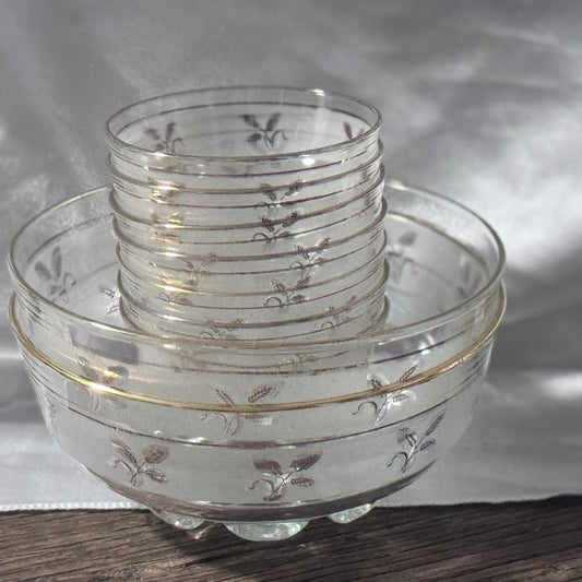 Frosted Glass Gold Wheat and Springs Crystal Bowl/Serving Set
