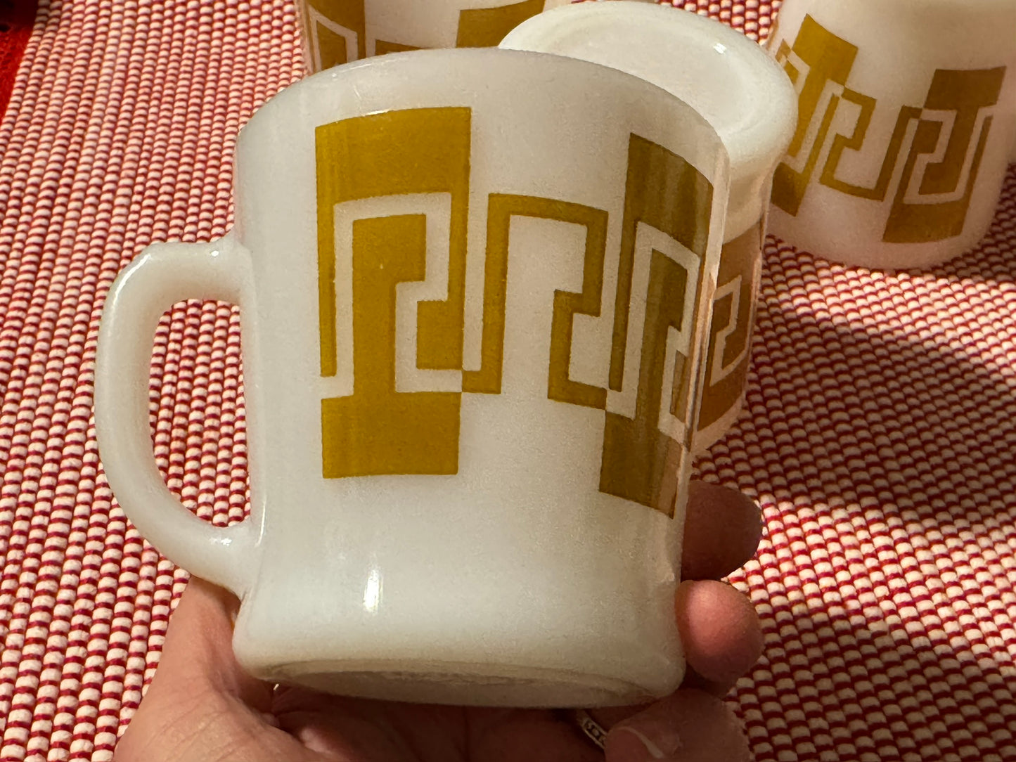 Anchor Hocking Fire-King Gold/Brown Greek Key Milk Glass Mugs