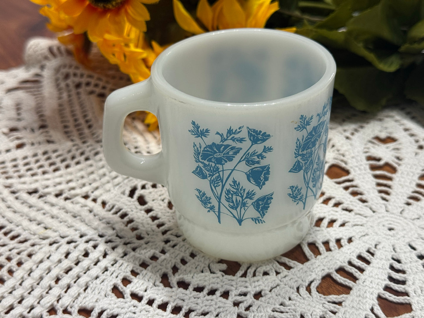 Anchor Hocking Fire King Blue Floral Milk Glass Mug