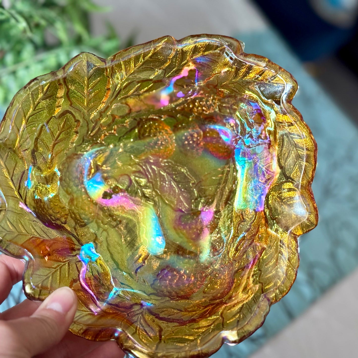 Indiana Glass Co Marigold Carnival Glass Triangular Loganberry Leaves Bowl