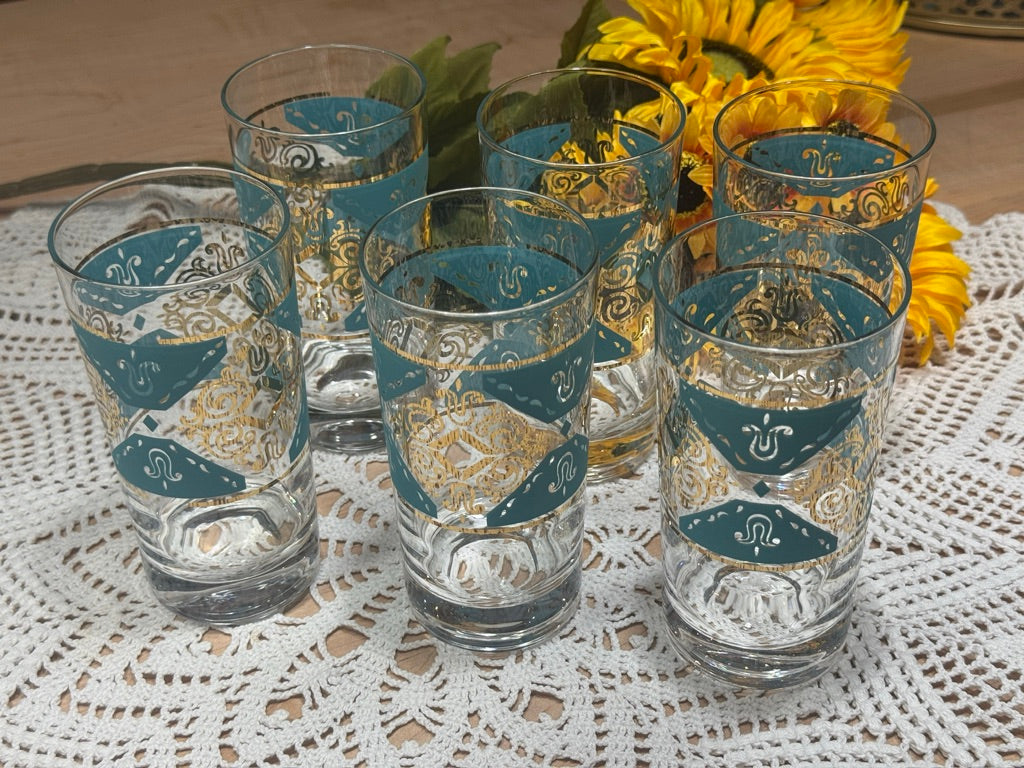 1950s Gold/Turquoise Highball Glasses