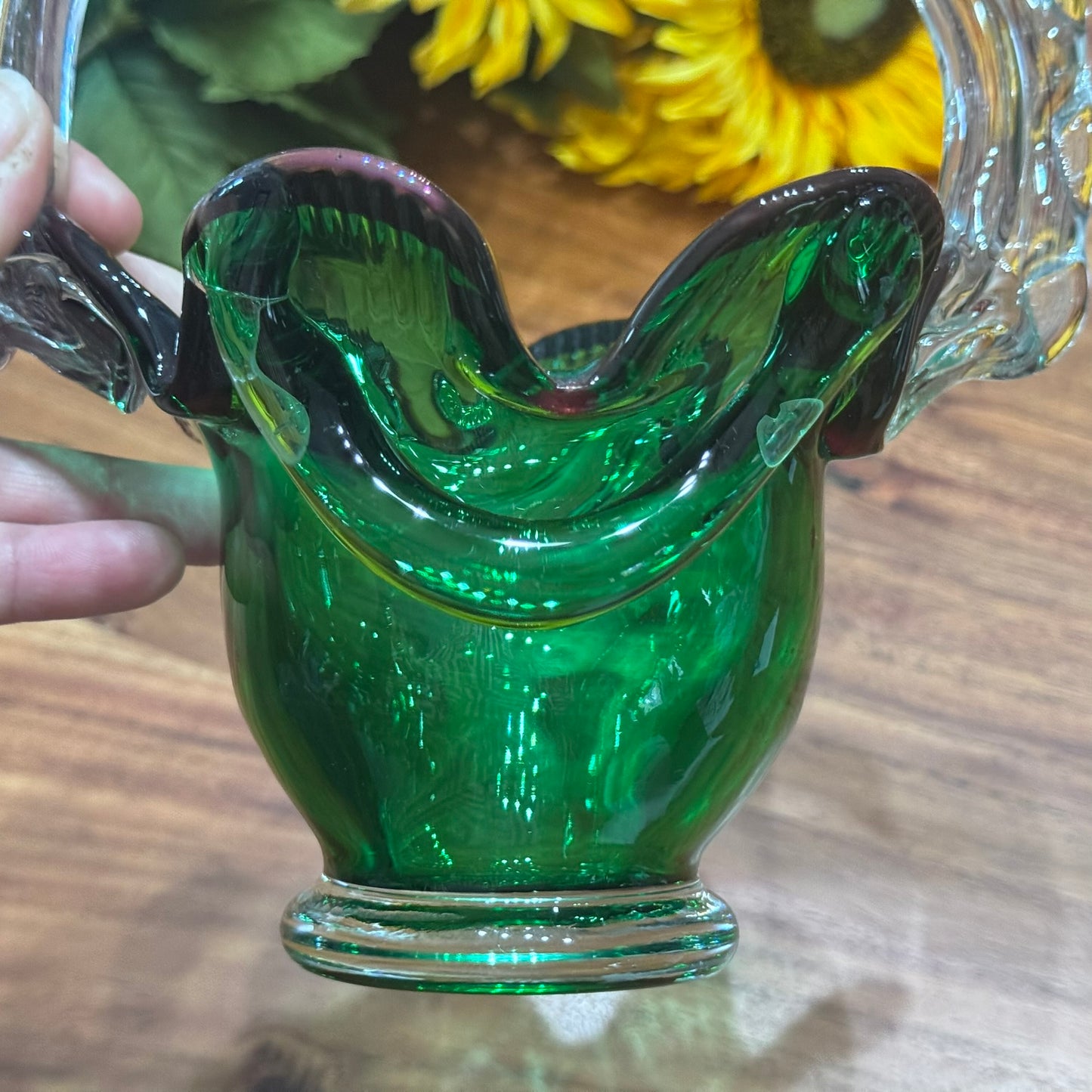 Murano Green Glass Basket Vase