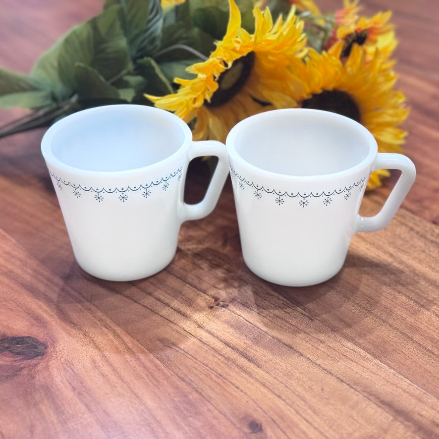 PYREX Blue Snowflake Garland Milk Glass Mugs