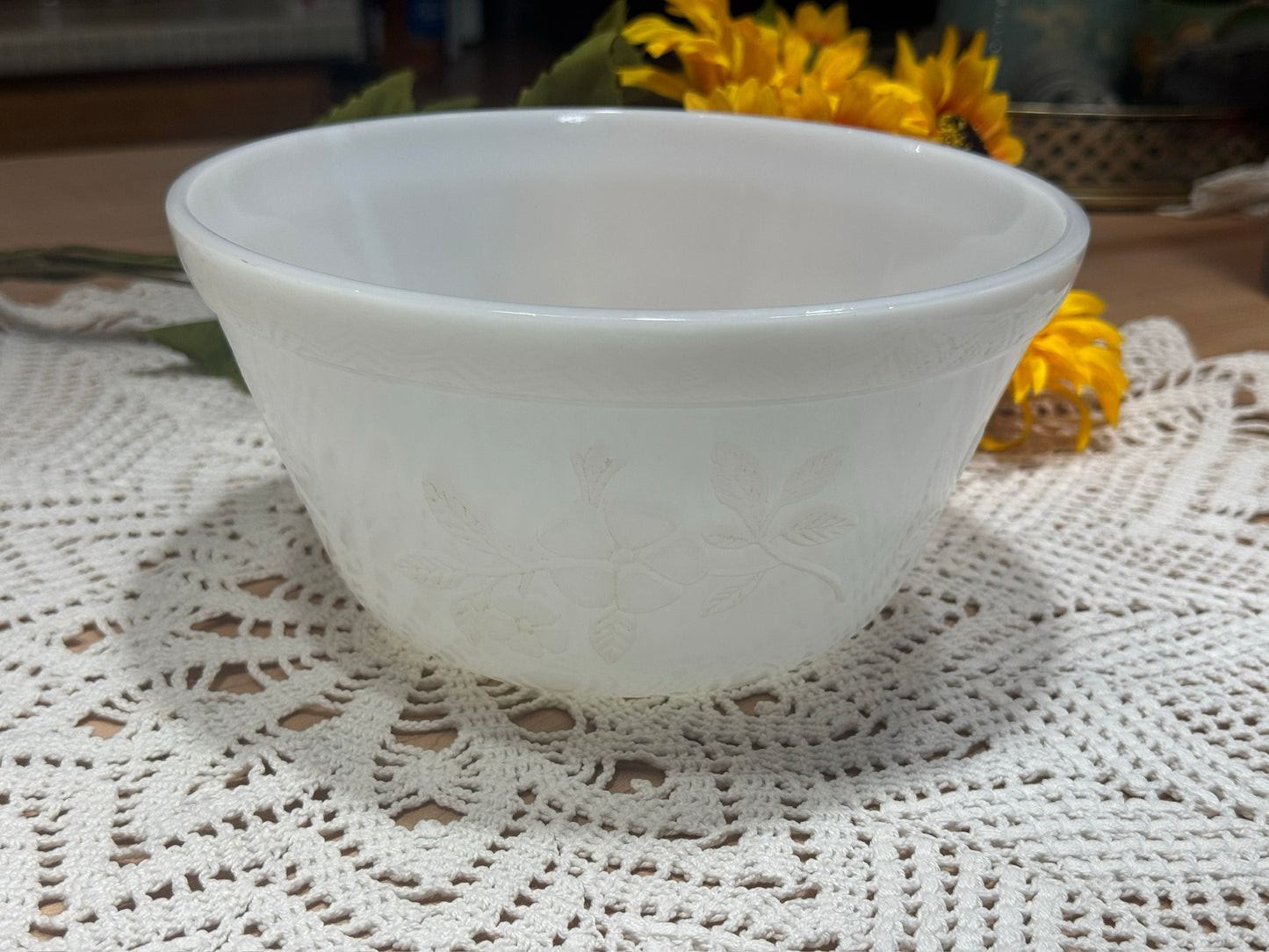 Glasbake Milk Glass Floral Design Mixing Bowl