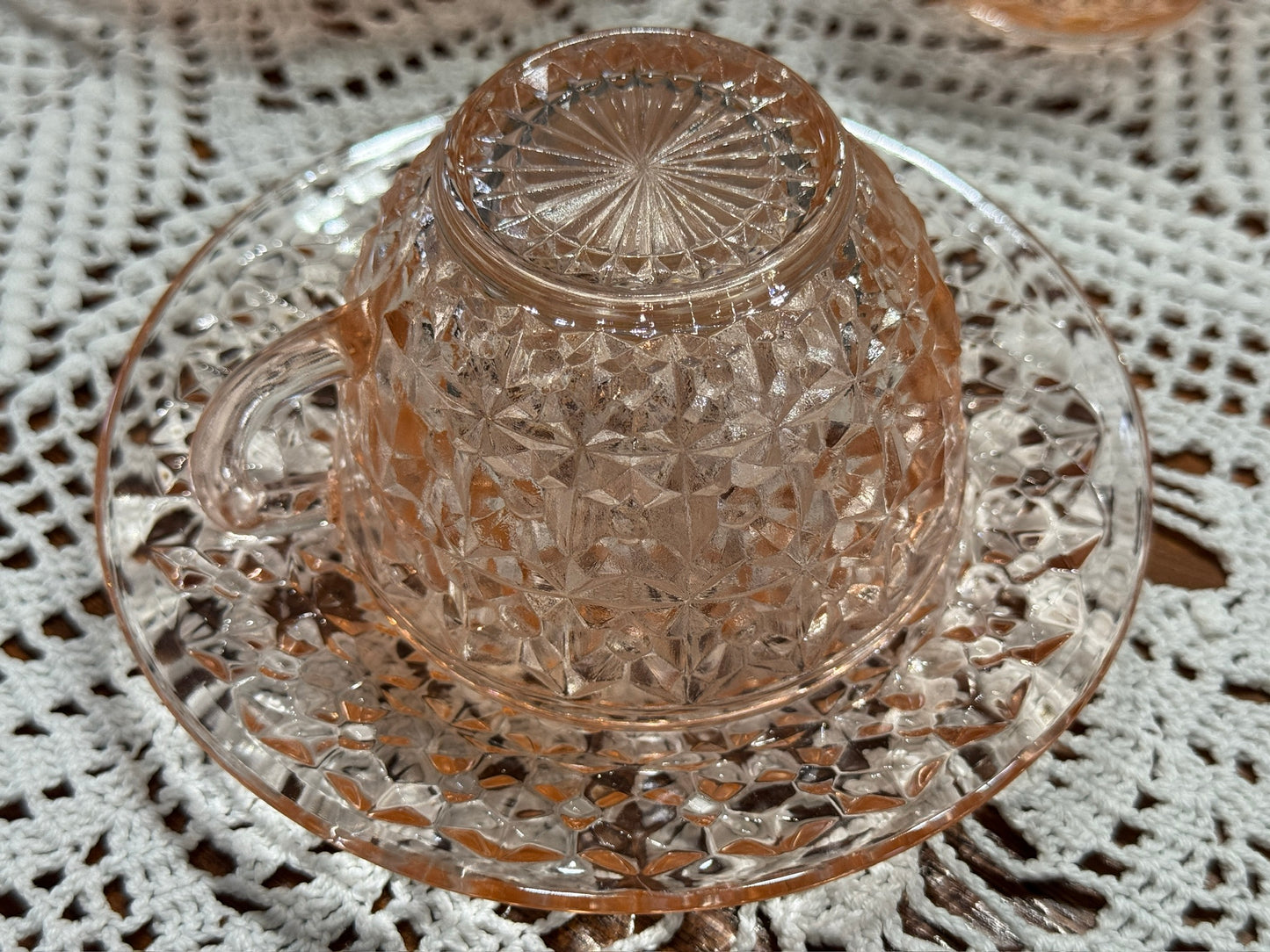 Pink Jeannette Depression Glass 'Holiday Buttons and Bows' Teacup & Saucer Set