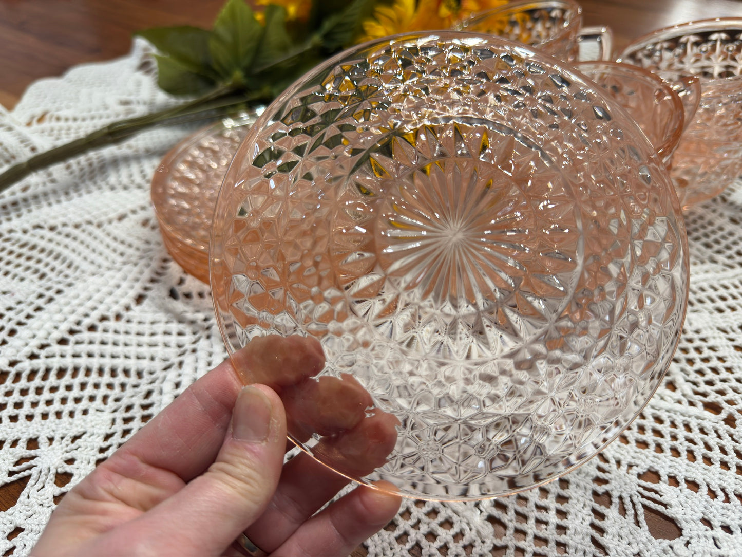 Pink Jeannette Depression Glass 'Holiday Buttons and Bows' Teacup & Saucer Set