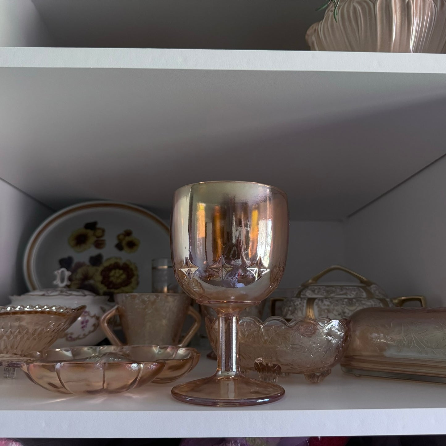 Iridescent Marigold Amber Glass Footed Goblet