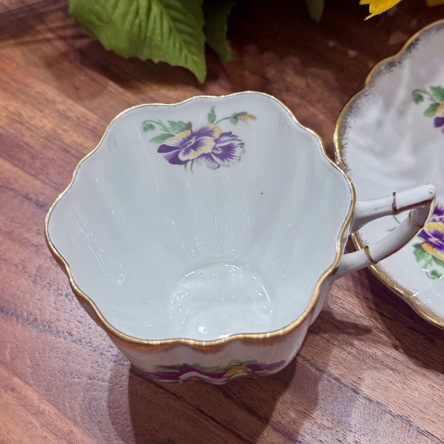 Victoria C & E Bone China Purple Pansy Teacup & Saucer Set