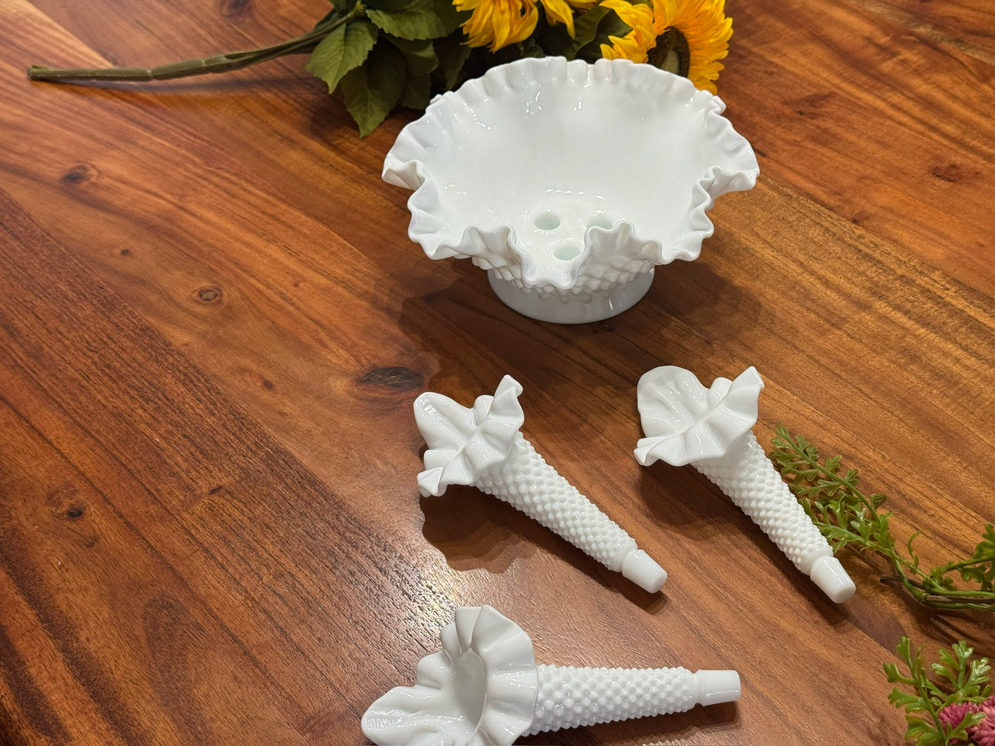 Fenton Hobnail Milk Glass Epergne Ruffled Bowl with Three Horns