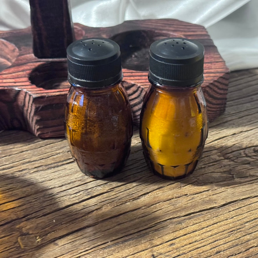 Amber Glass Cruet Set with Wood Base