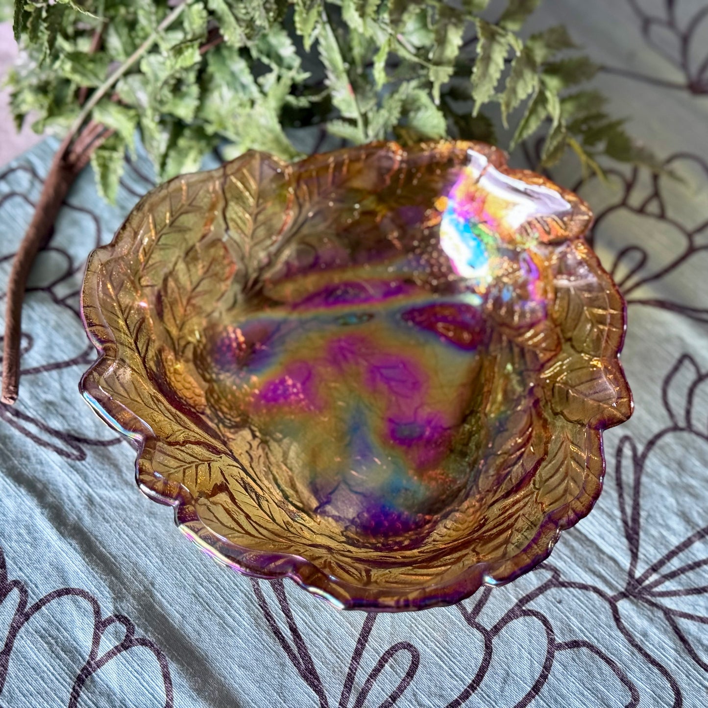 Indiana Glass Co Marigold Carnival Glass Triangular Loganberry Leaves Bowl