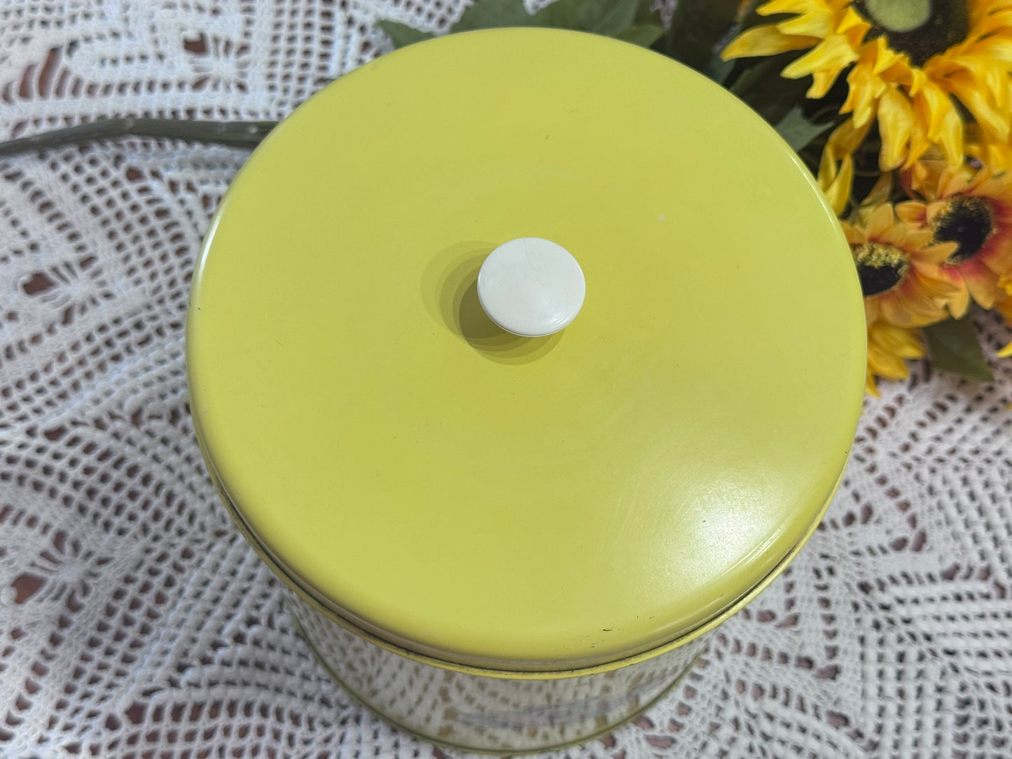 Vintage Yellow Tin Canister With Fruit/Vine Motif
