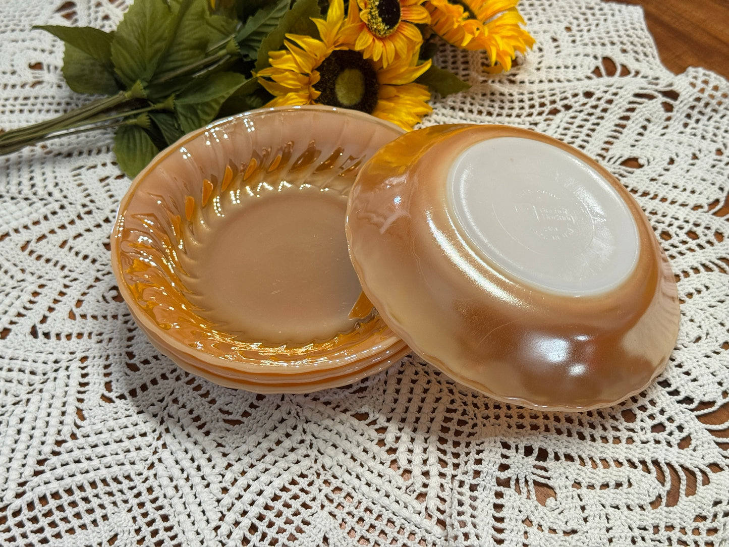 Anchor Hocking Fire-King Peach Luster Soup Bowls Swirl Pattern
