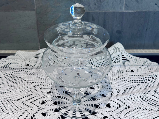 Etched Floral 'Caroline' Lidded Crystal Glass Pedestal Candy Dish