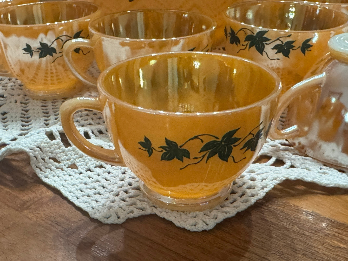 Anchor Hocking Fire-King Peach Luster 'Green Ivy' Punch Bowl Set