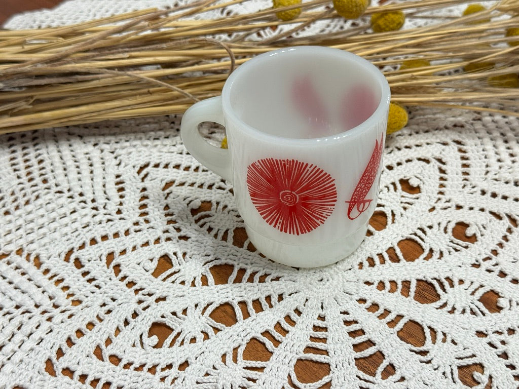 Anchor Hocking Fire-King Red Feathered Floral Stackable Milk Glass Mug