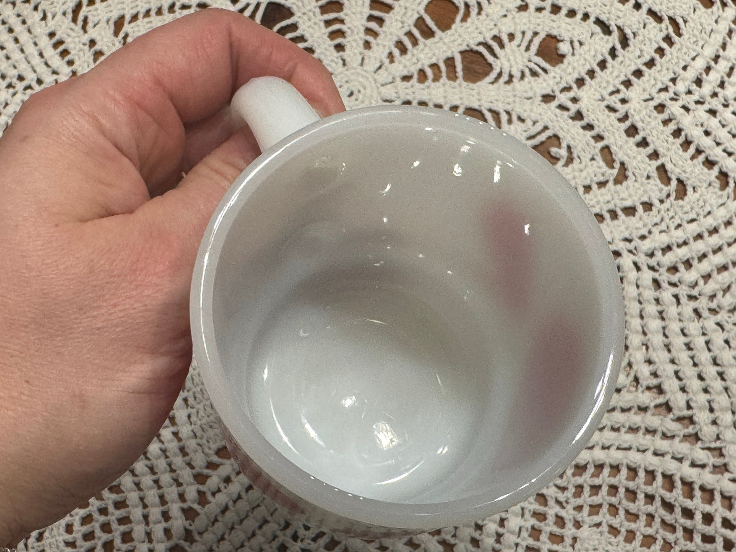 Anchor Hocking Fire-King Red Feathered Floral Stackable Milk Glass Mug