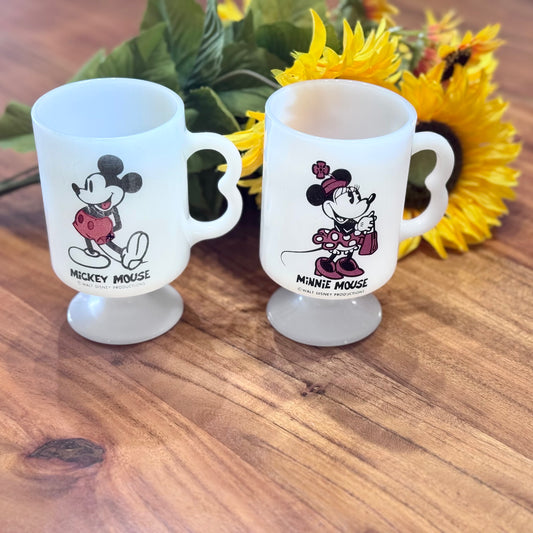 Walt Disney Productions Mickey and Minnie Mouse Milk Glass Mugs