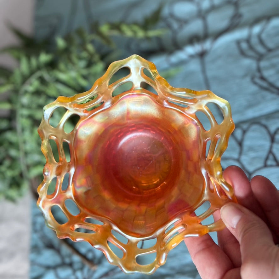 Fenton Marigold Carnival Glass Basket Weave Small Lace Bowl