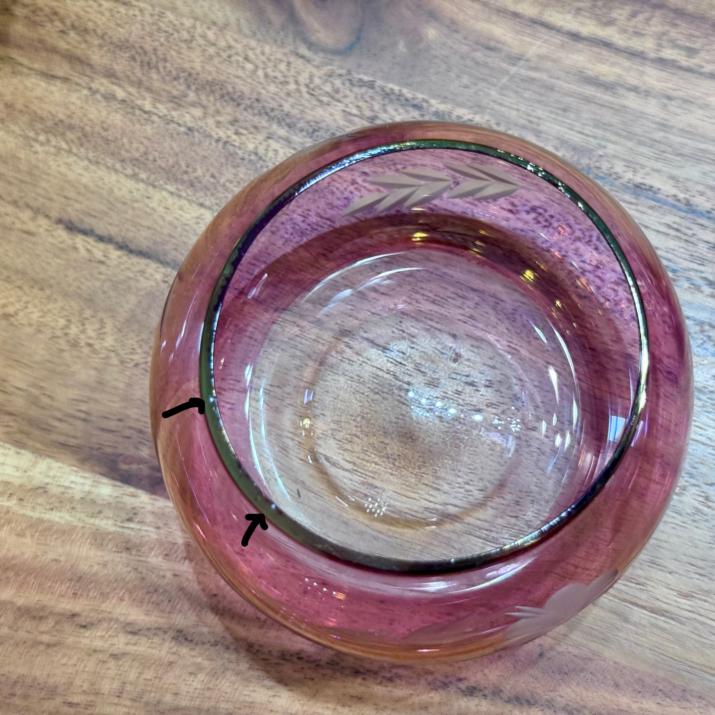 Cranberry Etched Glass Lidded Pear Shape Trinket Dish